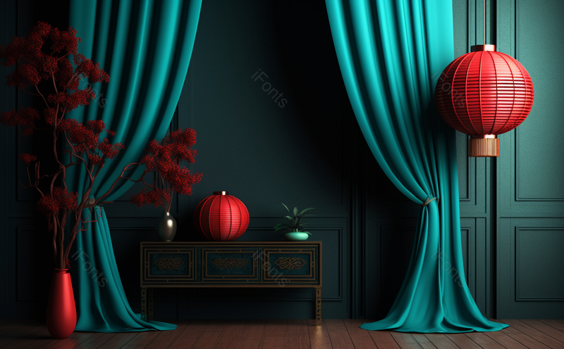 红灯笼青色窗帘中式客厅写实场景图,插画/手绘图,插画/手绘图库,插画/手绘图下载,插画/手绘